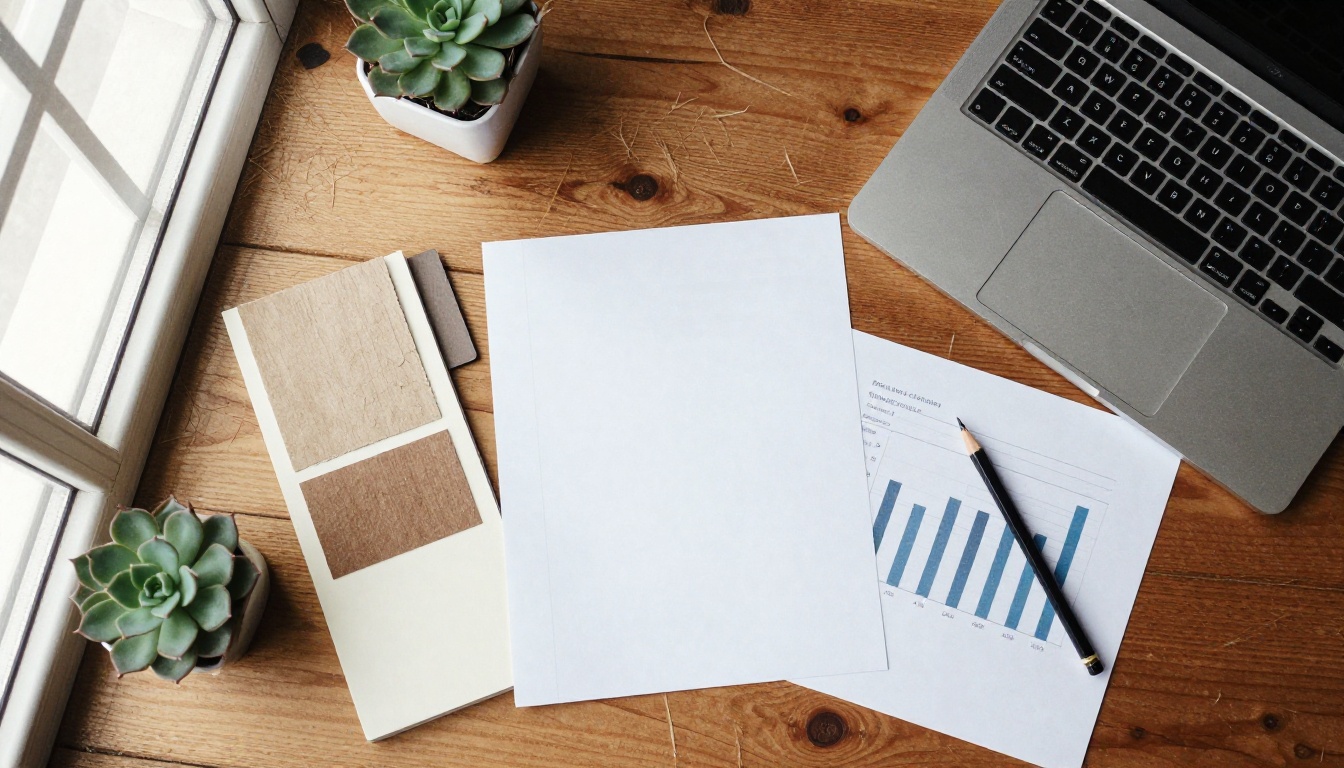 An overhead flat-lay of printed charts, recycled paper swatches and a laptop on a wooden desk