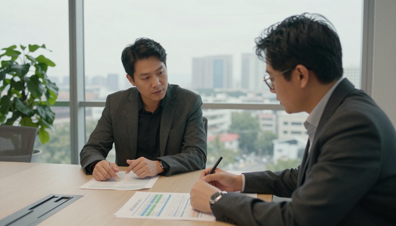 Two sustainability managers reviewing printed emissions data in a glass meeting room