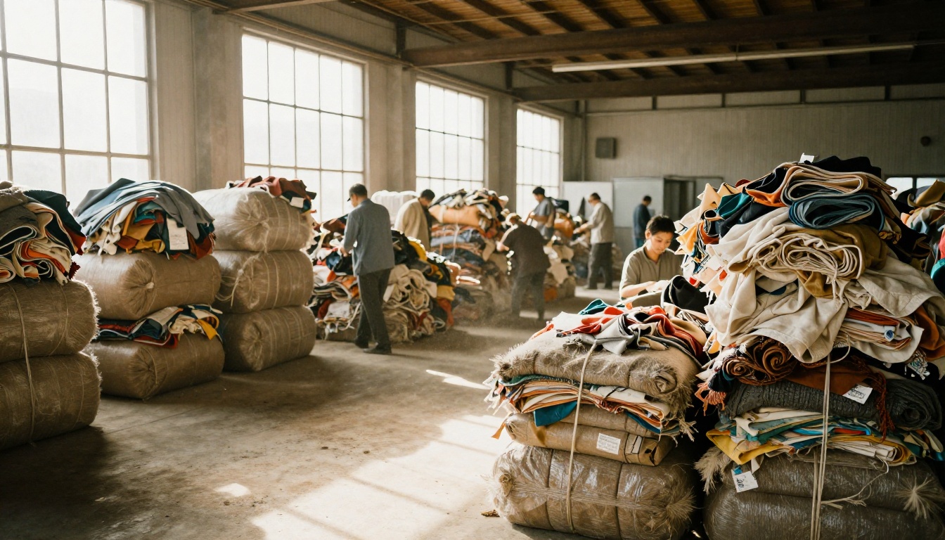 Workers sorting recycled textile bales in a bright warehouse