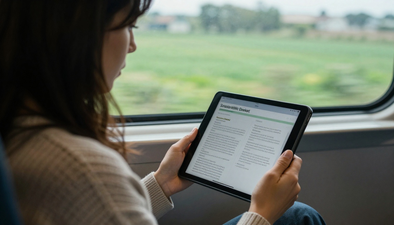 A woman reading a sustainability report on a tablet while seated on a train