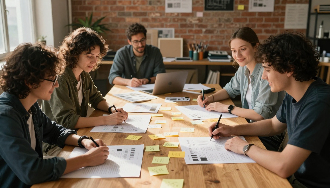 A small team of designers laying out printed report pages on a long wooden table