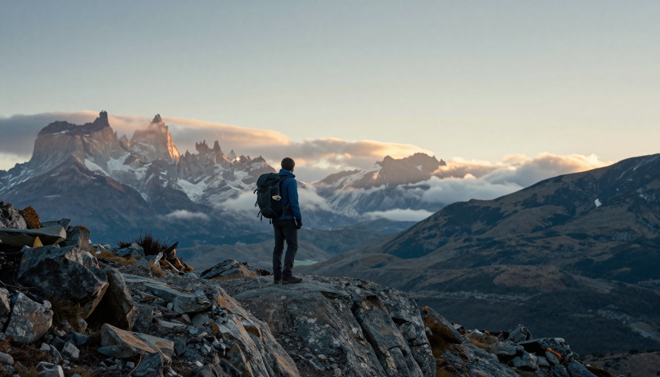 A hiker standing on a rocky ridge in Patagonia at sunrise
