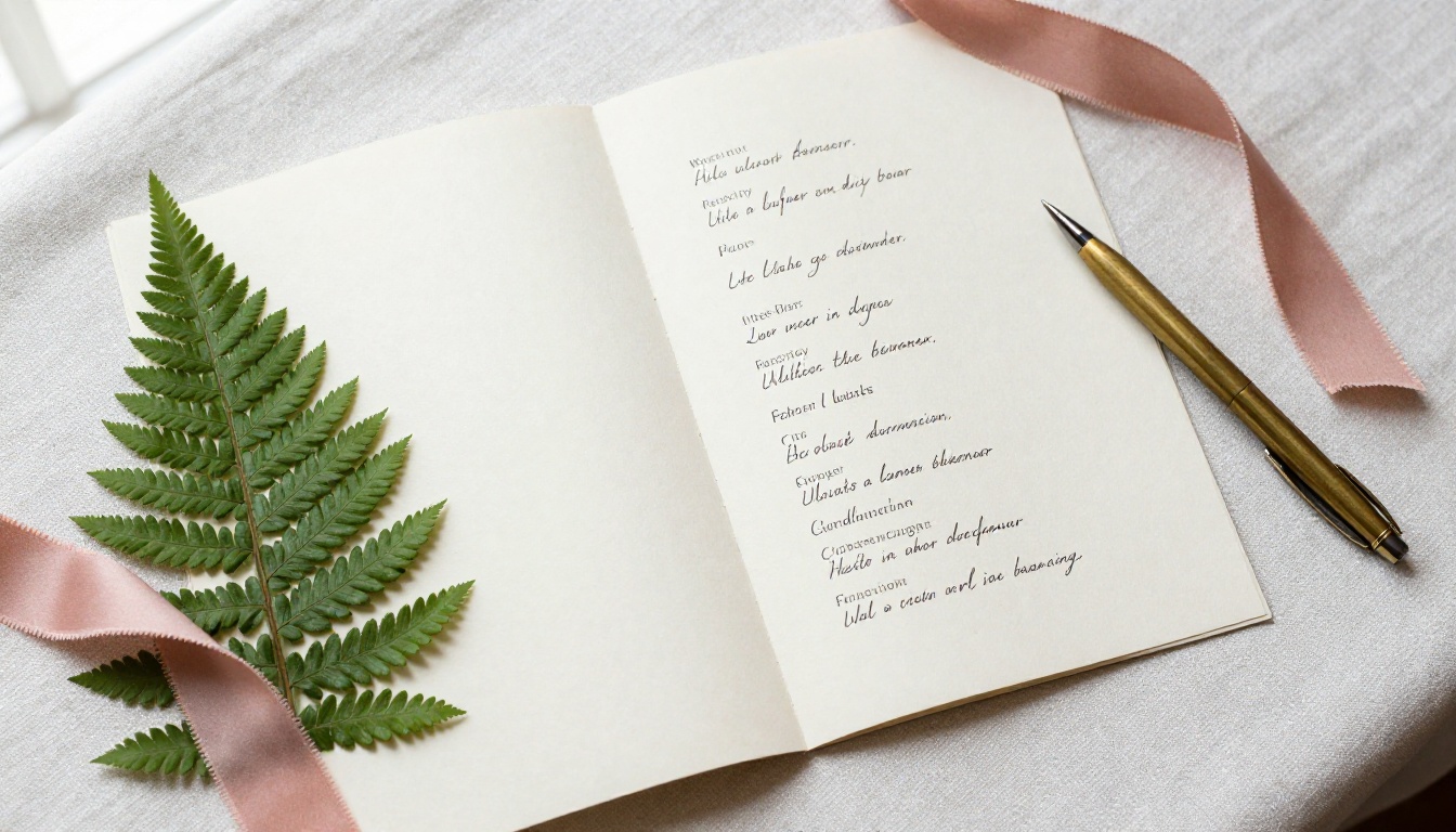 Flat lay of a folded cream wedding program with pressed fern and ribbon Flat lay of a folded cream wedding program with pressed fern and ribbon