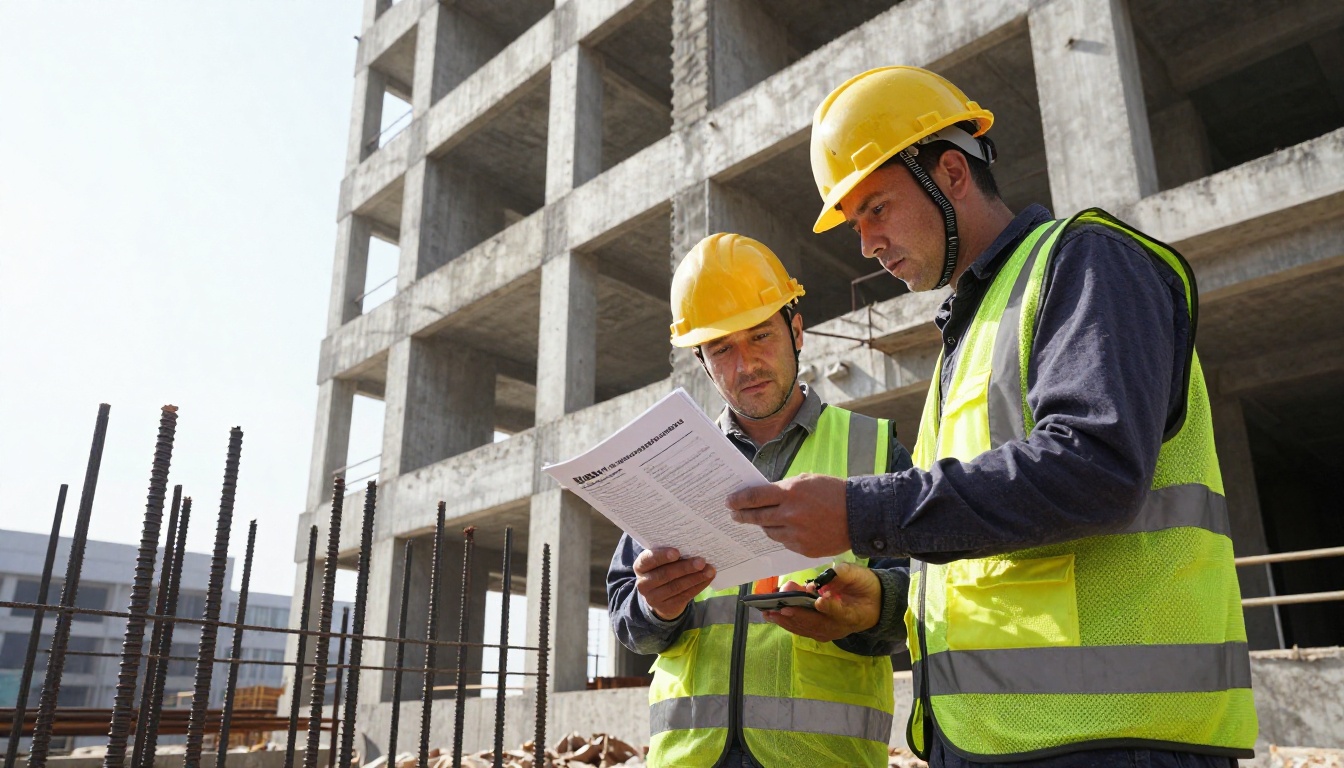 A site manager reviewing a printed company profile beside a concrete tower A site manager reviewing a printed company profile beside a concrete tower