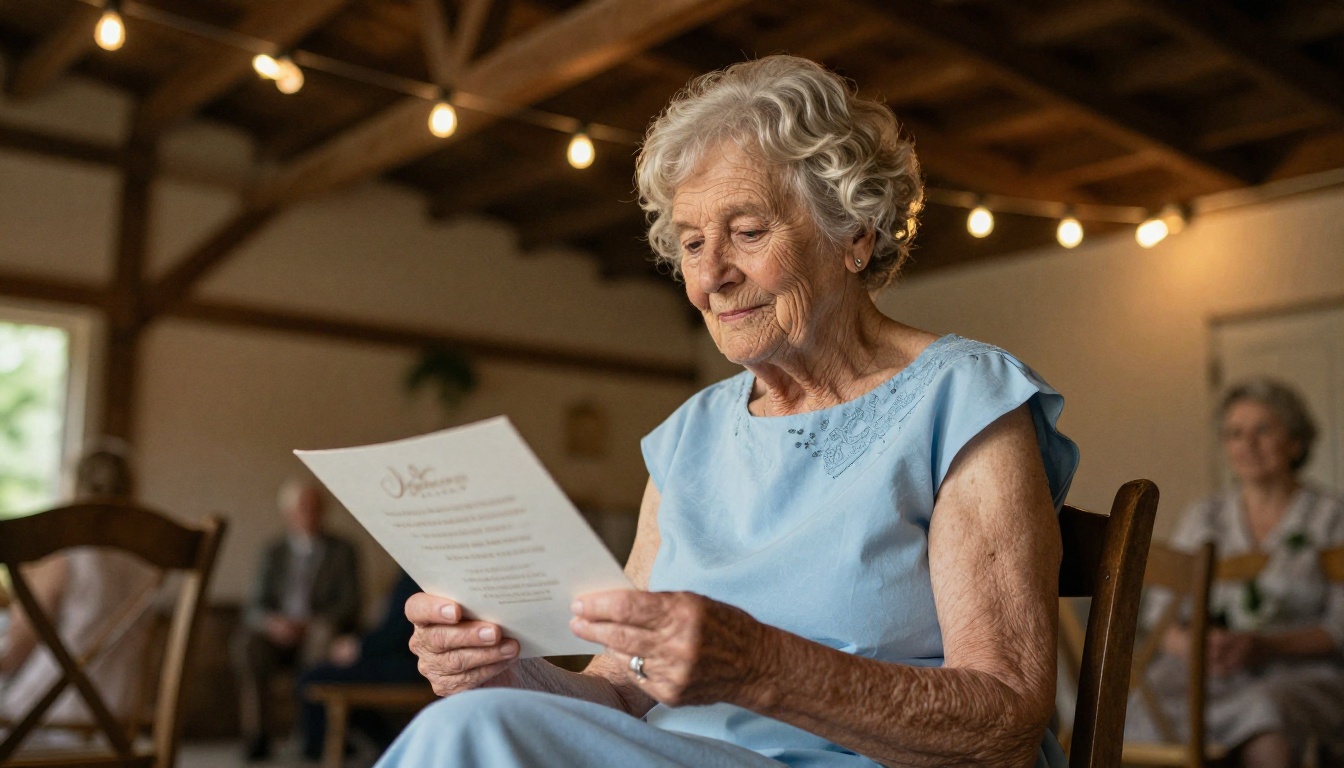 Elderly guest reading a wedding program in a rustic barn Elderly guest reading a wedding program in a rustic barn