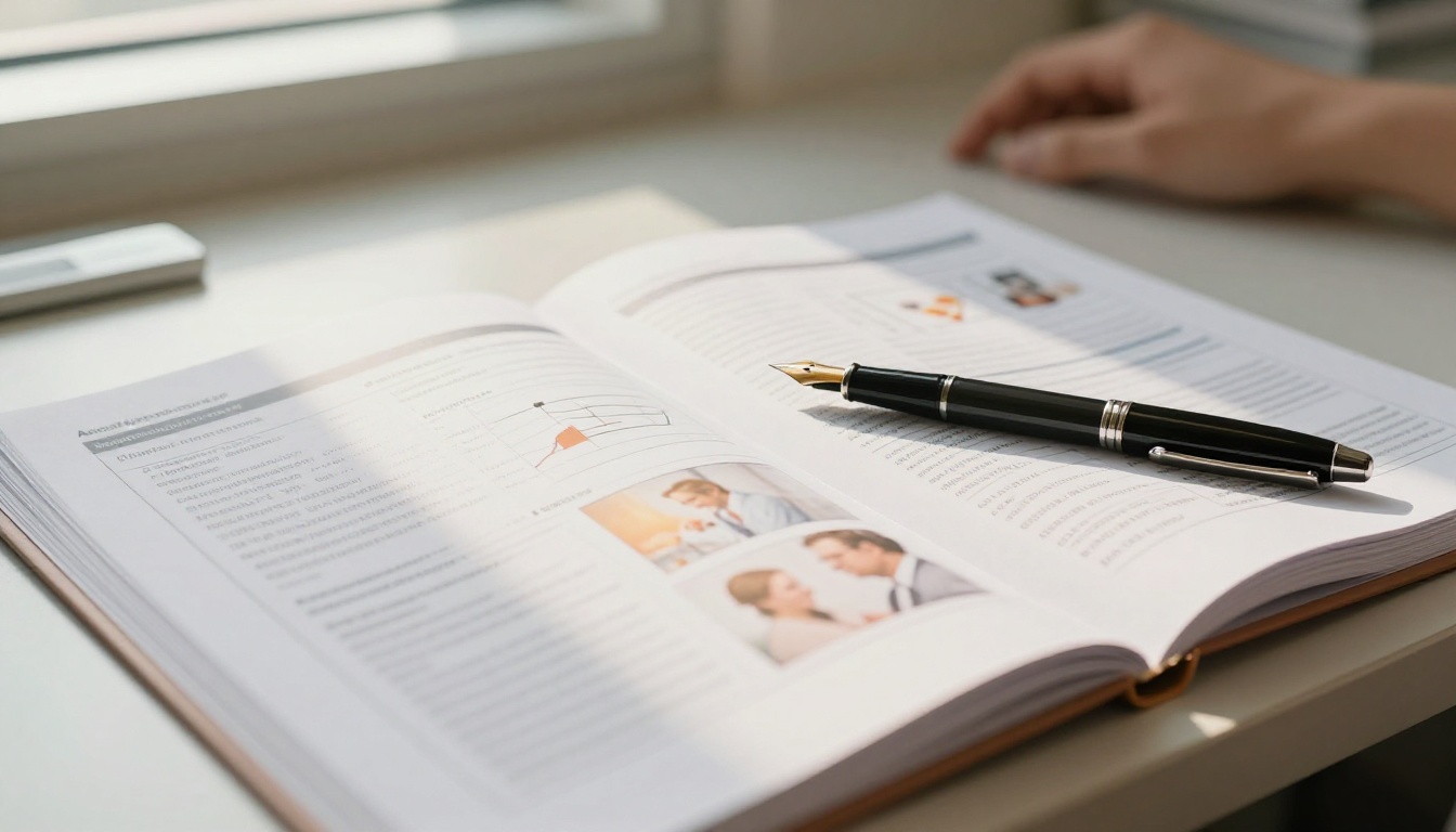 Printed hospital annual report open on a executive desk with a fountain pen