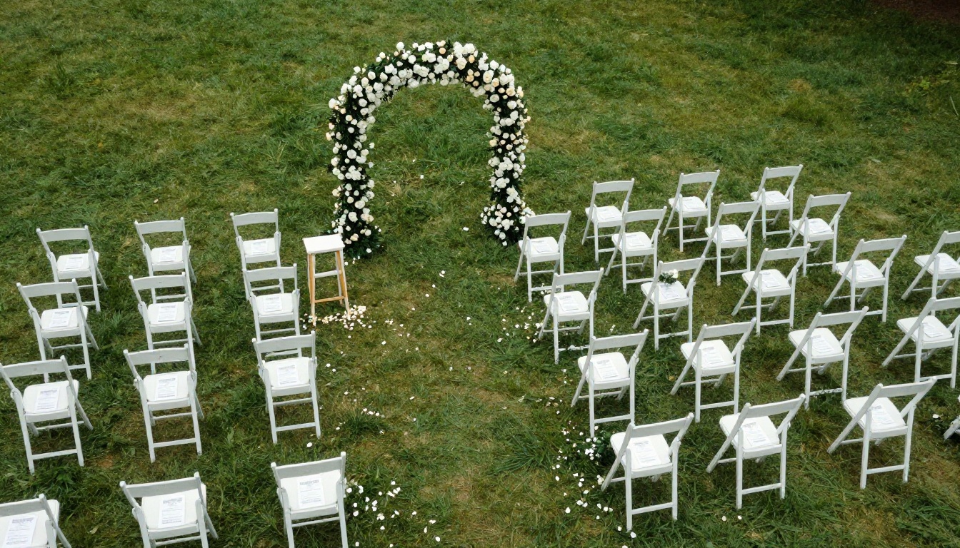 Aerial view of white chairs holding programs on a green lawn Aerial view of white chairs holding programs on a green lawn