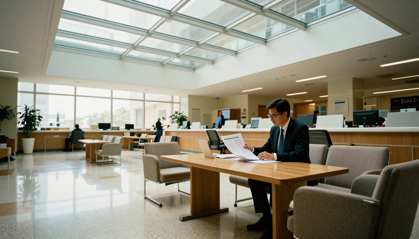 Finance analyst reviewing printed budget pages in a hospital lobby