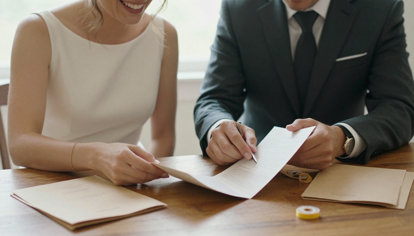Couple folding wedding programs together at a wooden table Couple folding wedding programs together at a wooden table