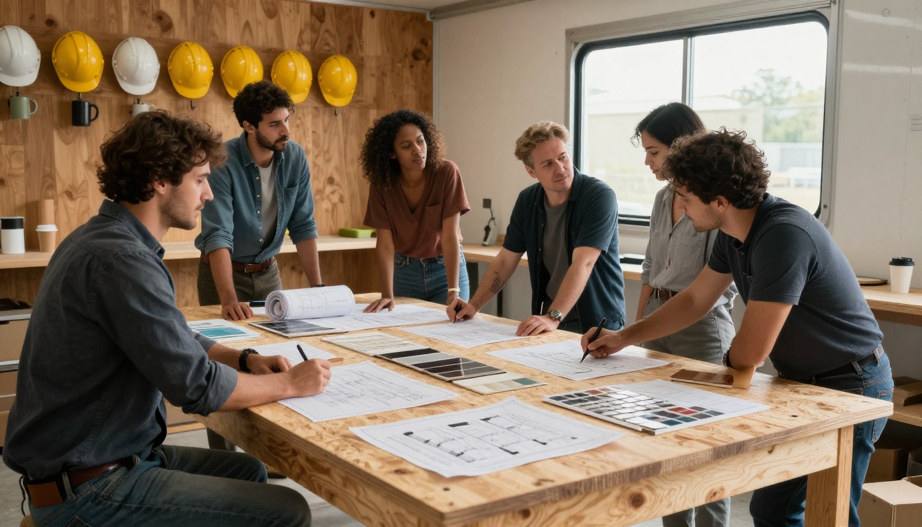 A diverse construction team reviewing blueprints in a site office A diverse construction team reviewing blueprints in a site office