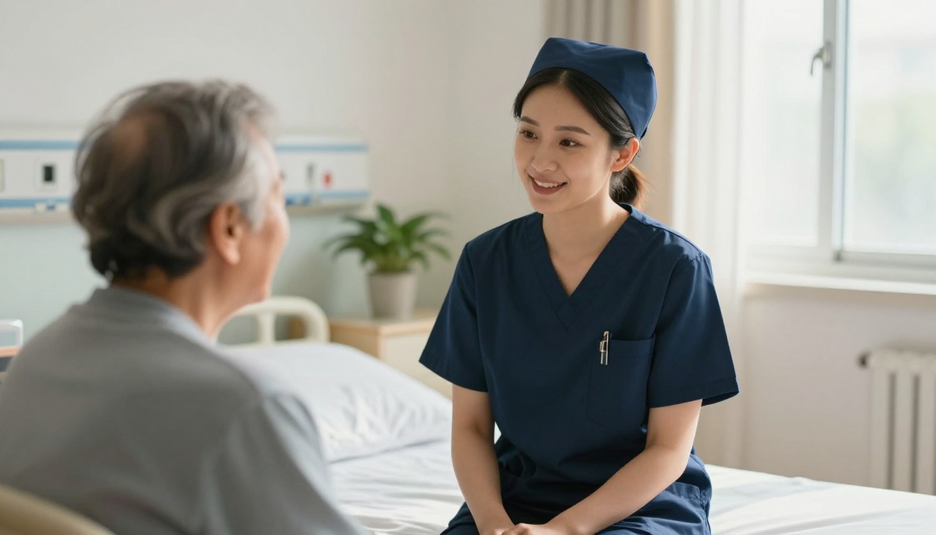 Nurse talking with an elderly patient in a sunlit hospital room