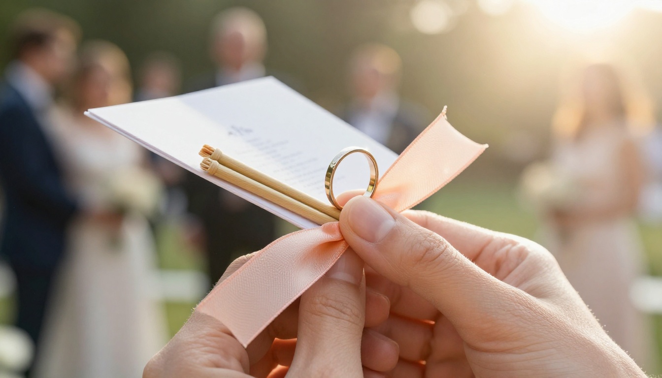 Fan-shaped wedding program held in bright afternoon light Fan-shaped wedding program held in bright afternoon light