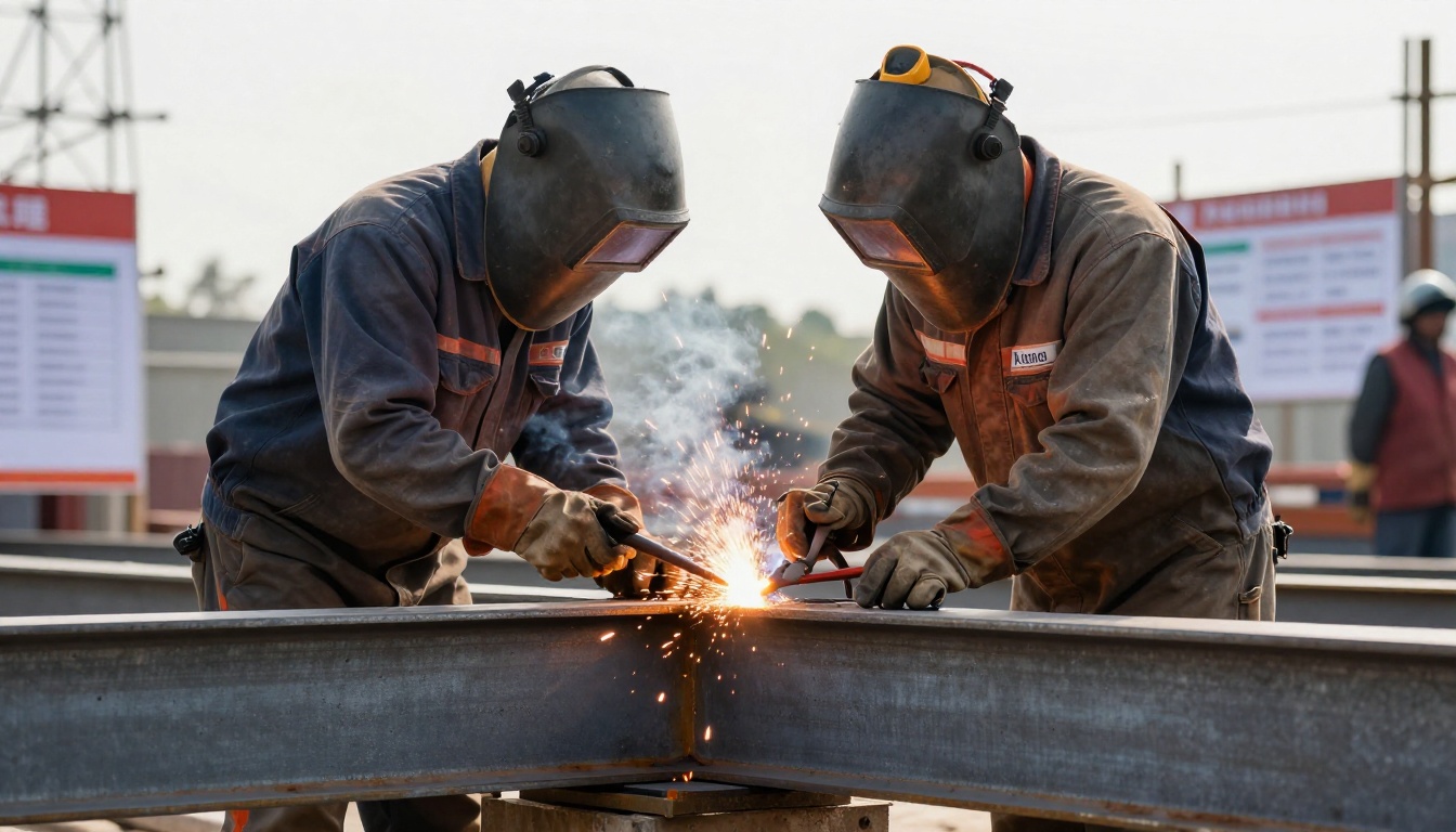 A welder at work on a steel beam with safety certificates nearby A welder at work on a steel beam with safety certificates nearby