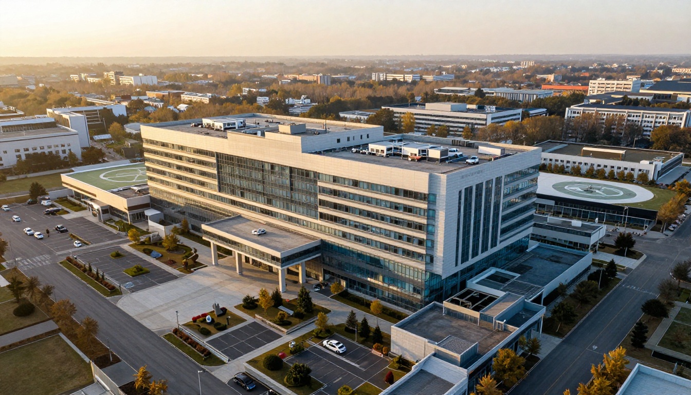 Aerial view of a modern regional hospital campus at golden hour