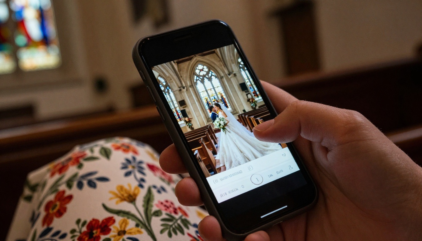 Guest viewing a digital wedding program on a phone in a chapel Guest viewing a digital wedding program on a phone in a chapel