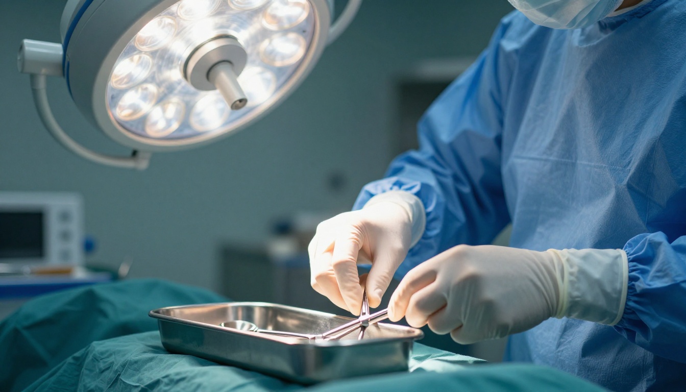 Surgeon's gloved hands adjusting an instrument tray in an operating room