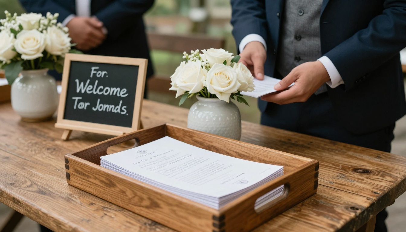 Welcome table with a stack of programs and white roses Welcome table with a stack of programs and white roses