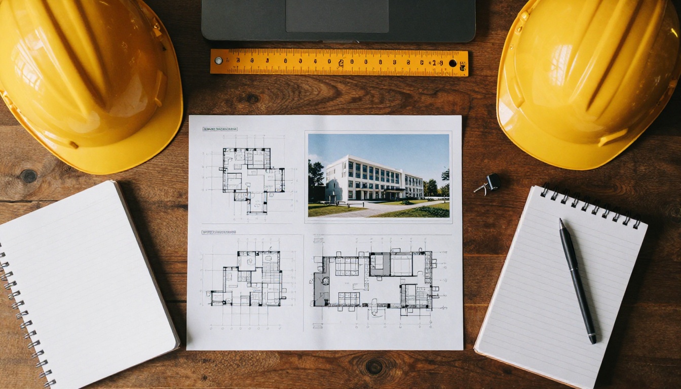 Overhead view of a desk with printed case studies, hard hat and laptop Overhead view of a desk with printed case studies, hard hat and laptop