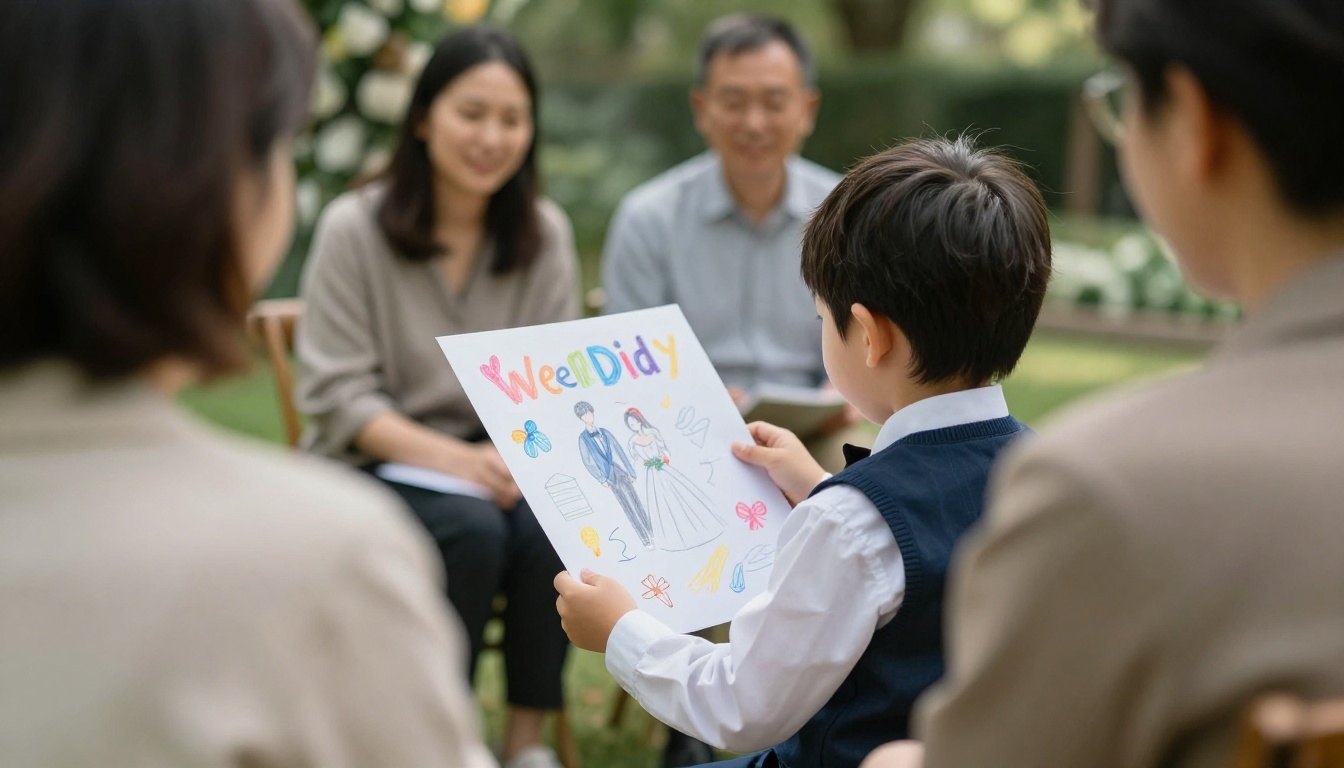 Child holding a doodle-covered wedding program in a garden Child holding a doodle-covered wedding program in a garden