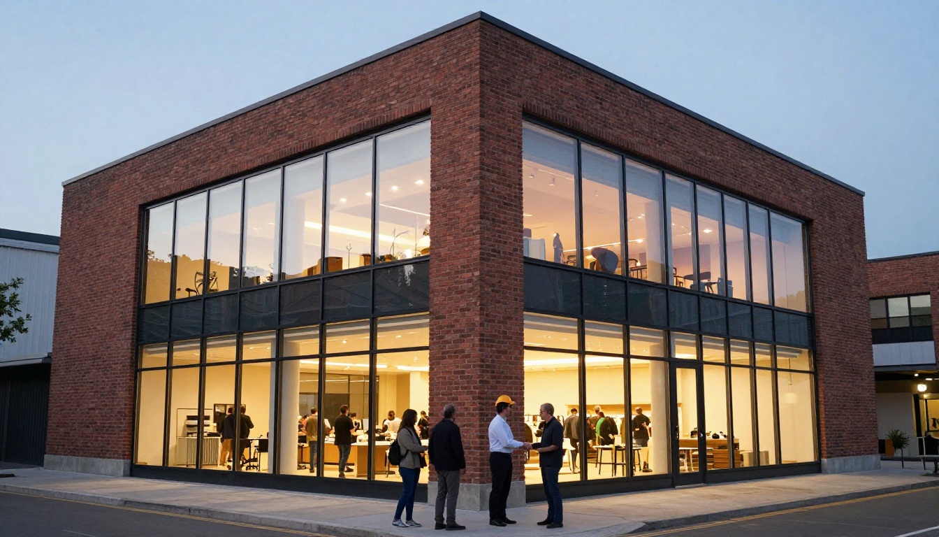 A finished glass and brick commercial building at dusk with a handshake in the foreground A finished glass and brick commercial building at dusk with a handshake in the foreground