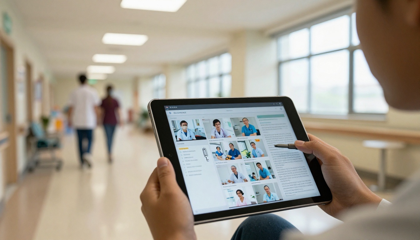 Person holding a tablet in a hospital corridor reading a digital report