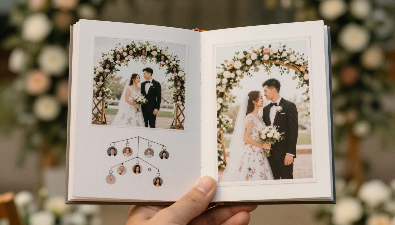 Booklet-style wedding program open to a family tree page Booklet-style wedding program open to a family tree page