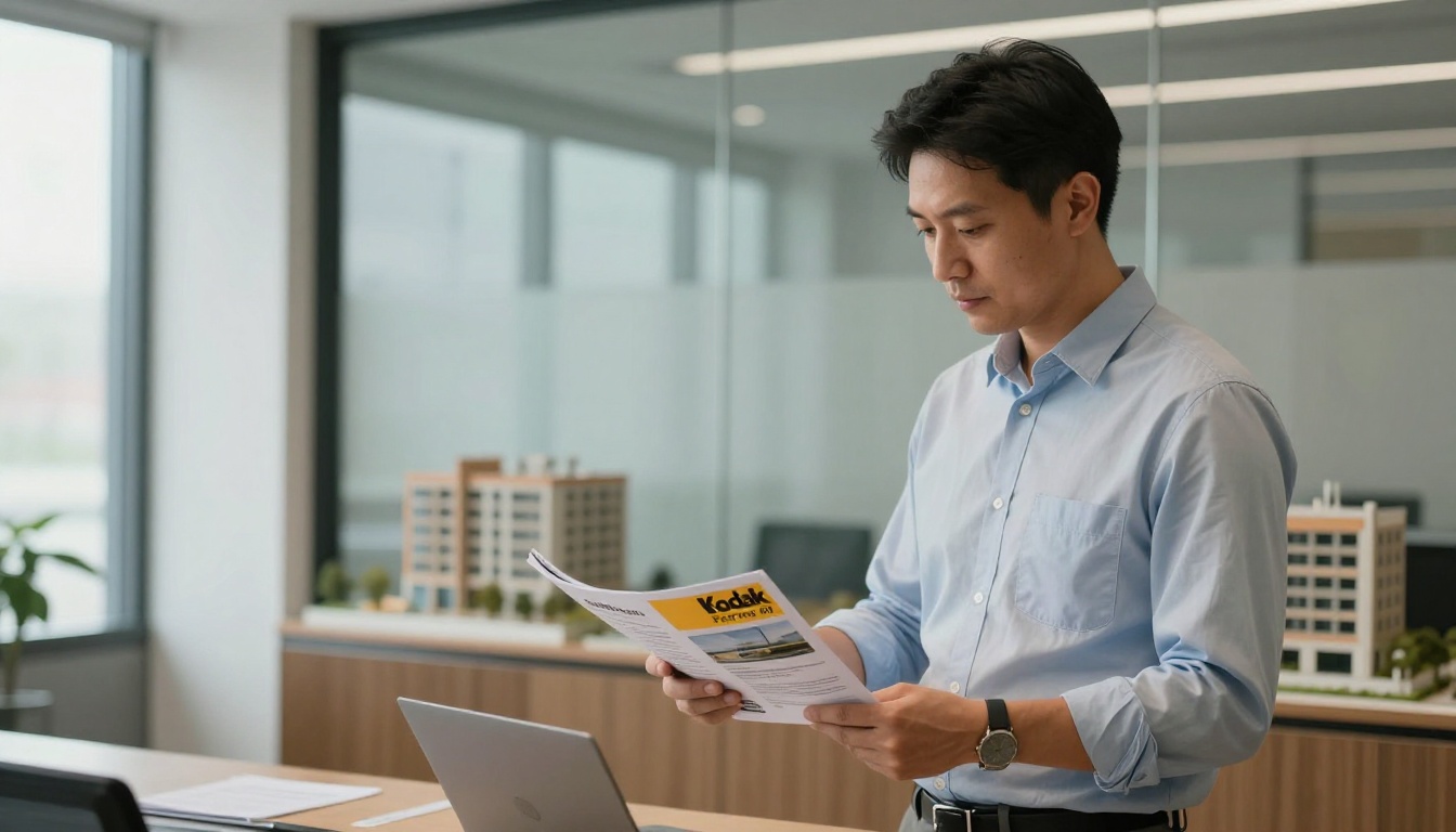 A construction company owner presenting a brochure to a client in an office A construction company owner presenting a brochure to a client in an office