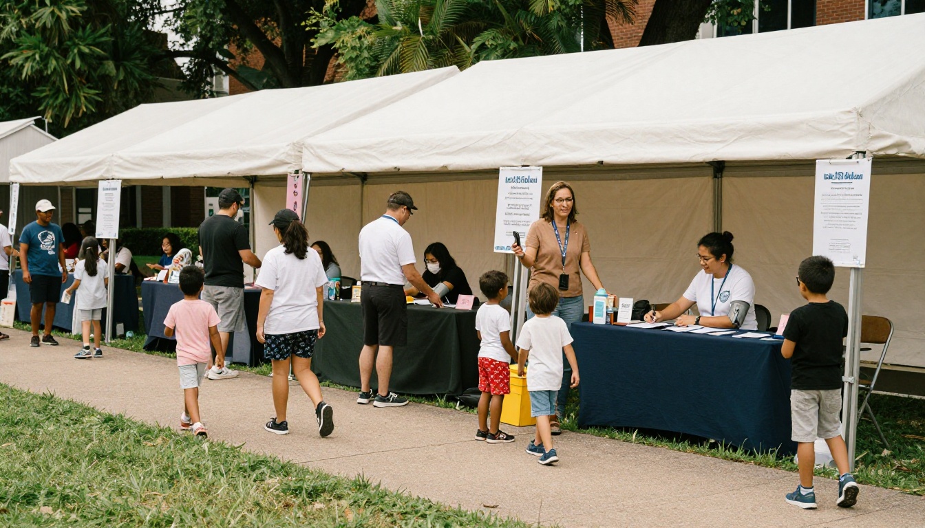 Community health fair with volunteers at a screening tent outside a hospital