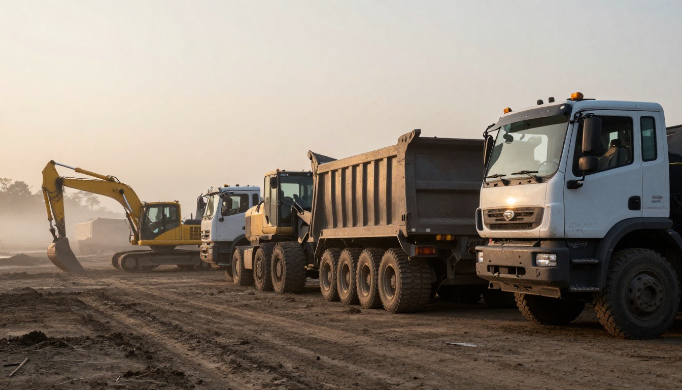 A row of excavators and trucks parked at sunrise A row of excavators and trucks parked at sunrise