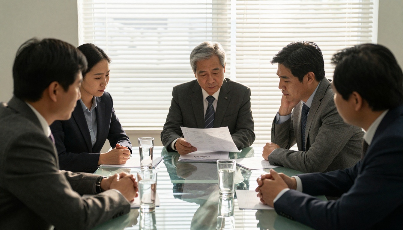 Hospital board members reviewing a printed report around a glass table