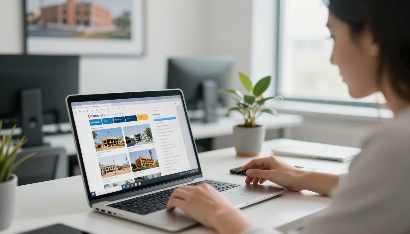 A marketing coordinator editing a construction company profile on a laptop A marketing coordinator editing a construction company profile on a laptop