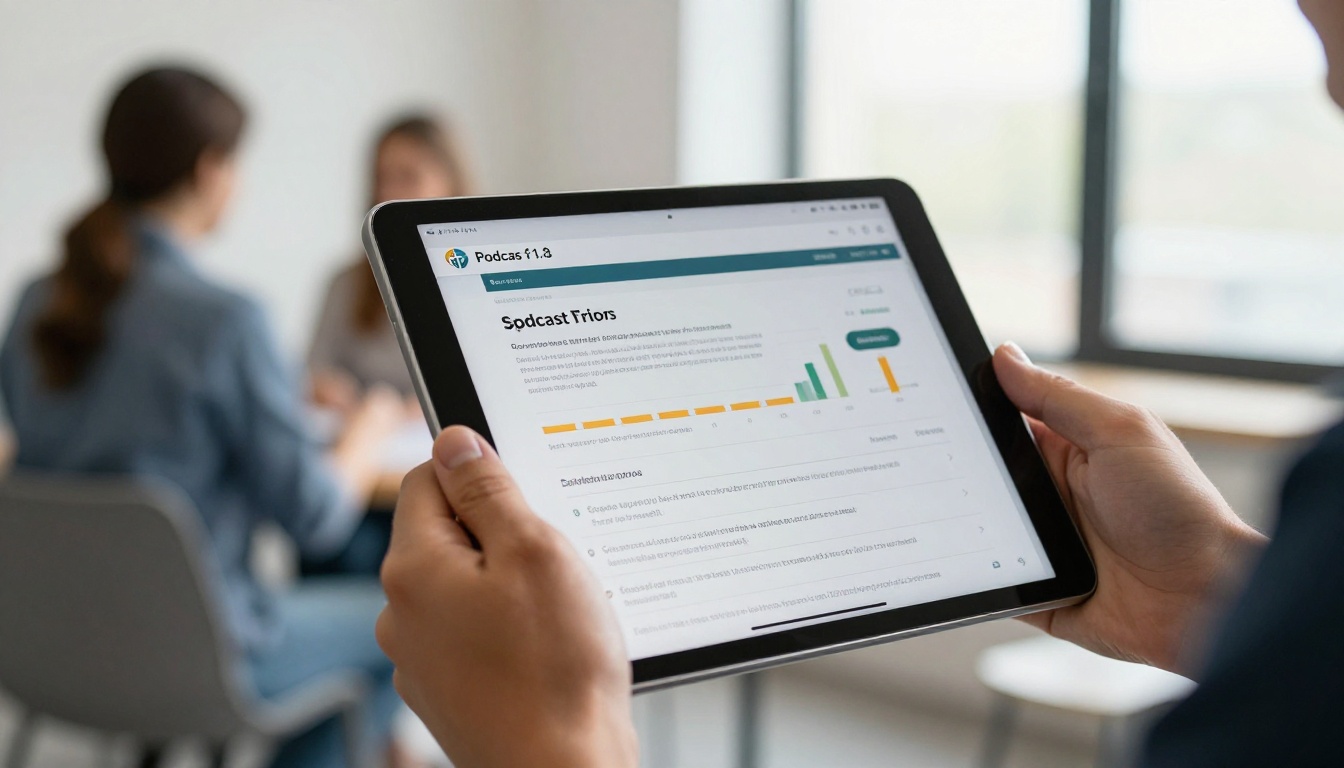 A man holding a tablet showing clean podcast statistics A man holding a tablet showing clean podcast statistics