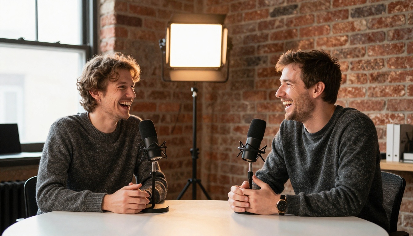 Two podcast hosts laughing while recording at a round table Two podcast hosts laughing while recording at a round table