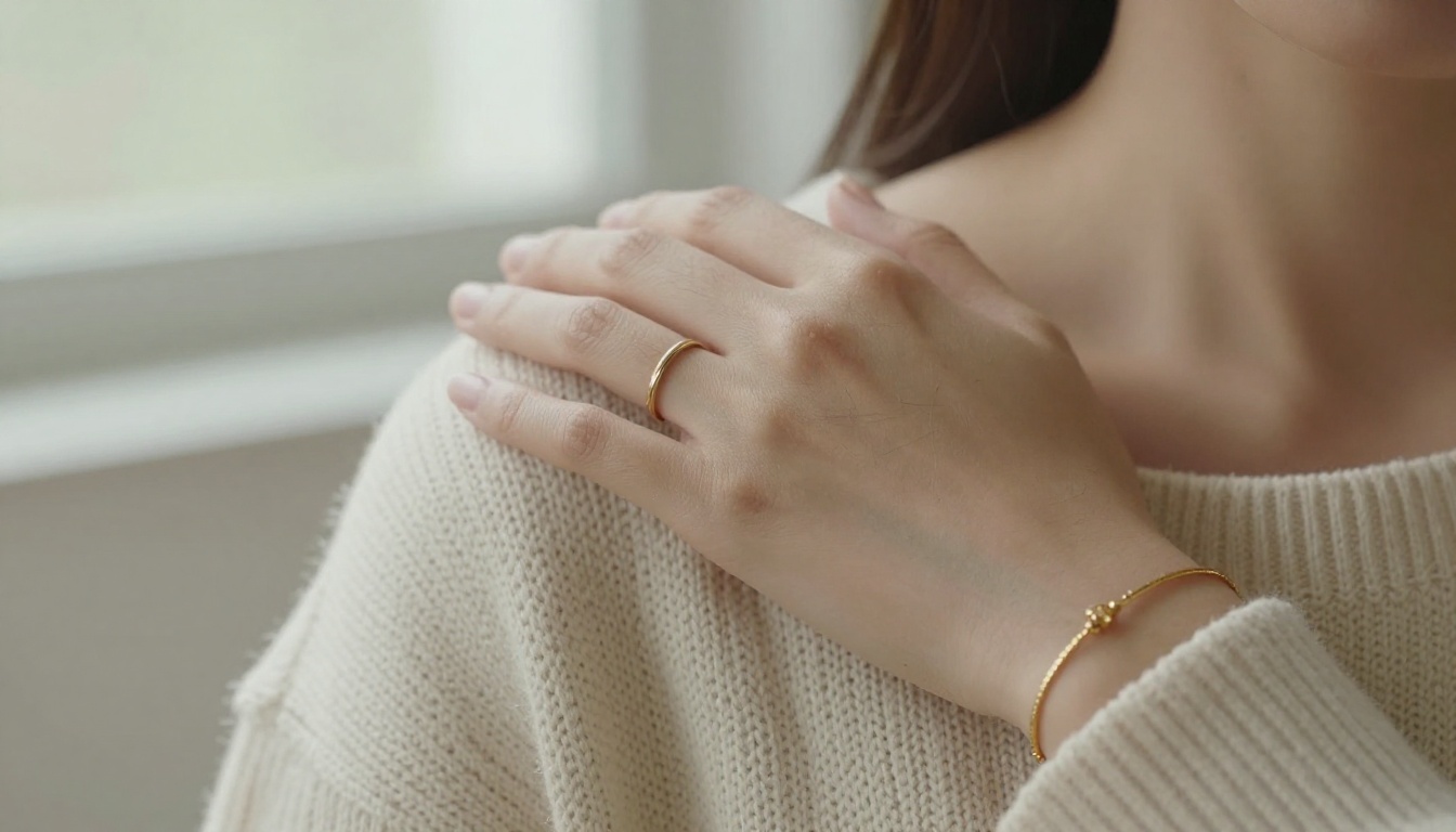 Gold ring and bracelet resting on a hand against a knit sleeve