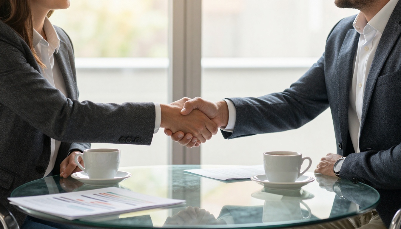 A marketing manager shaking hands with a podcaster across a glass table A marketing manager shaking hands with a podcaster across a glass table