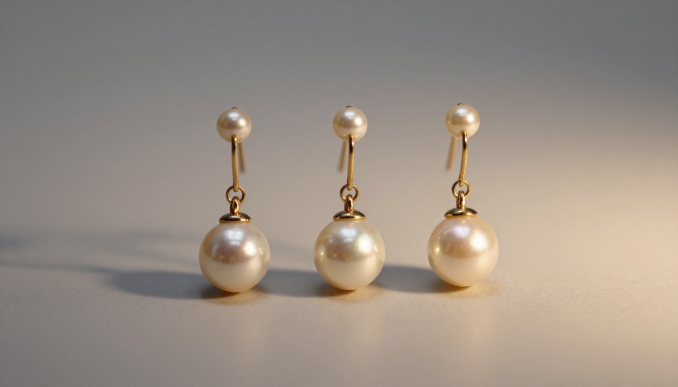 Three pearl drop earrings on acrylic risers against a gray backdrop