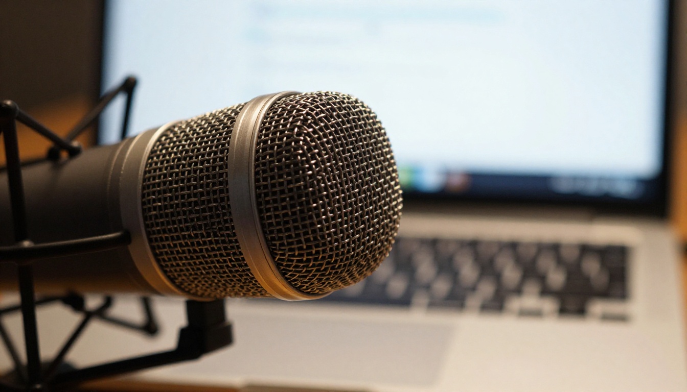 Close-up of a professional microphone in front of a blurred laptop Close-up of a professional microphone in front of a blurred laptop