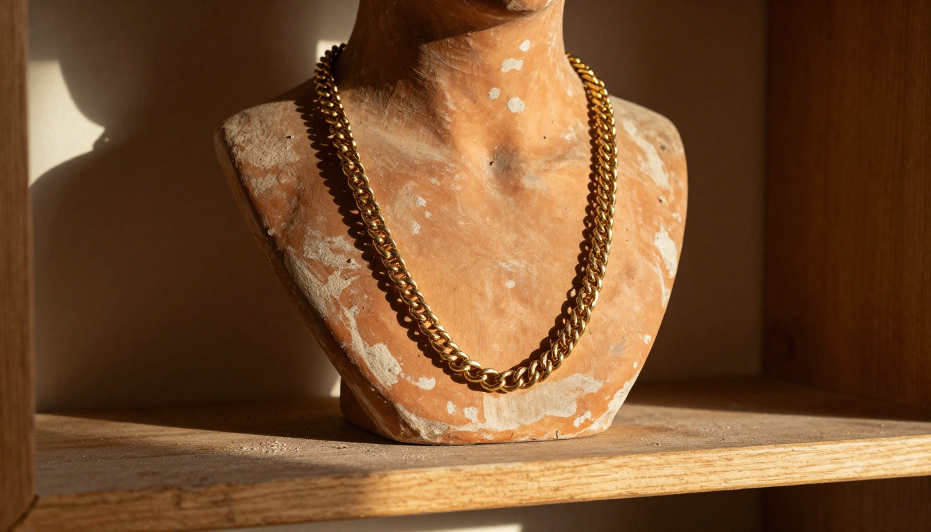 Layered gold chain necklace on a terracotta bust in a sunlit atelier