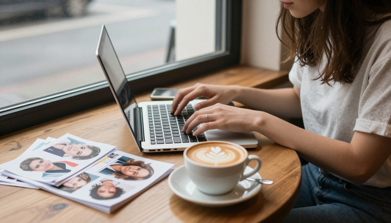 A young woman typing on a laptop at a cafe window table with printed headshots A young woman typing on a laptop at a cafe window table with printed headshots