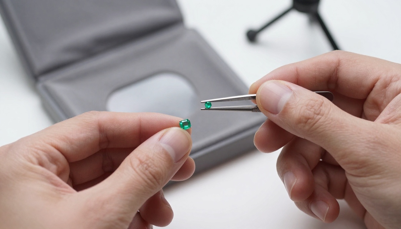 Jeweler's hands placing a tiny emerald stud beside a light tent setup