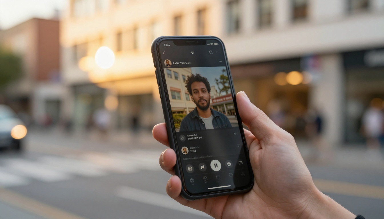 A smartphone showing a podcast social media profile on an urban street A smartphone showing a podcast social media profile on an urban street