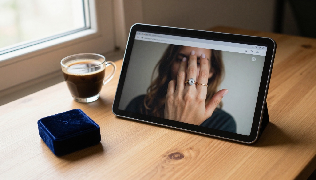 Tablet showing a jewelry catalog page with a large ring photo beside a velvet box