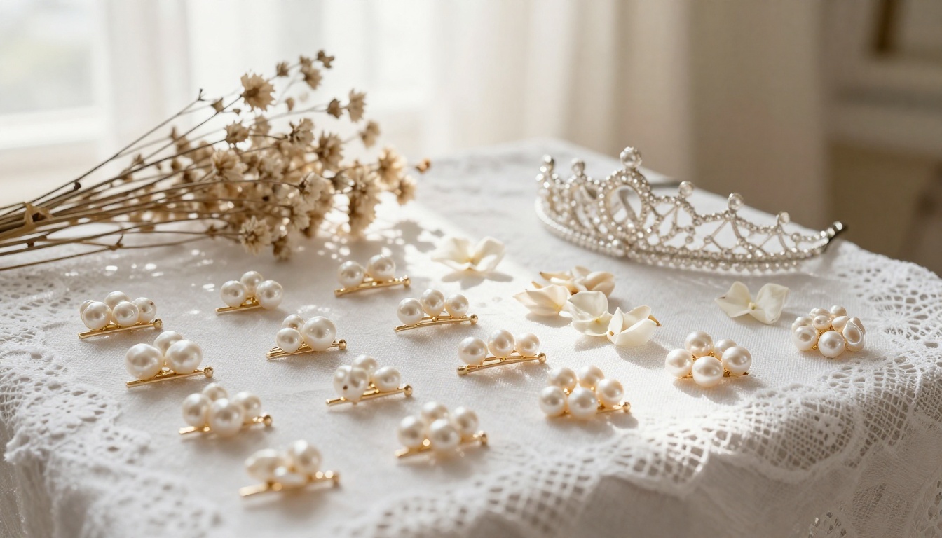 Bridal pearl hairpins and tiara on lace with dried flowers