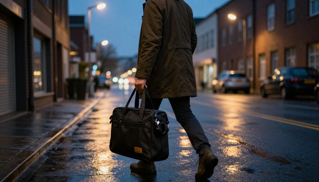 A podcaster walking out of a studio building at dusk with a laptop bag A podcaster walking out of a studio building at dusk with a laptop bag
