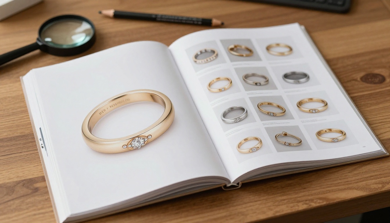 Printed jewelry catalog spread with a large ring photo and a grid of detail shots