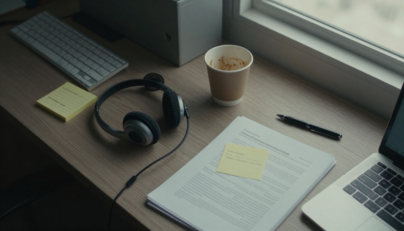 A support desk with a headset and a thick paper manual beside a laptop A support desk with a headset and a thick paper manual beside a laptop
