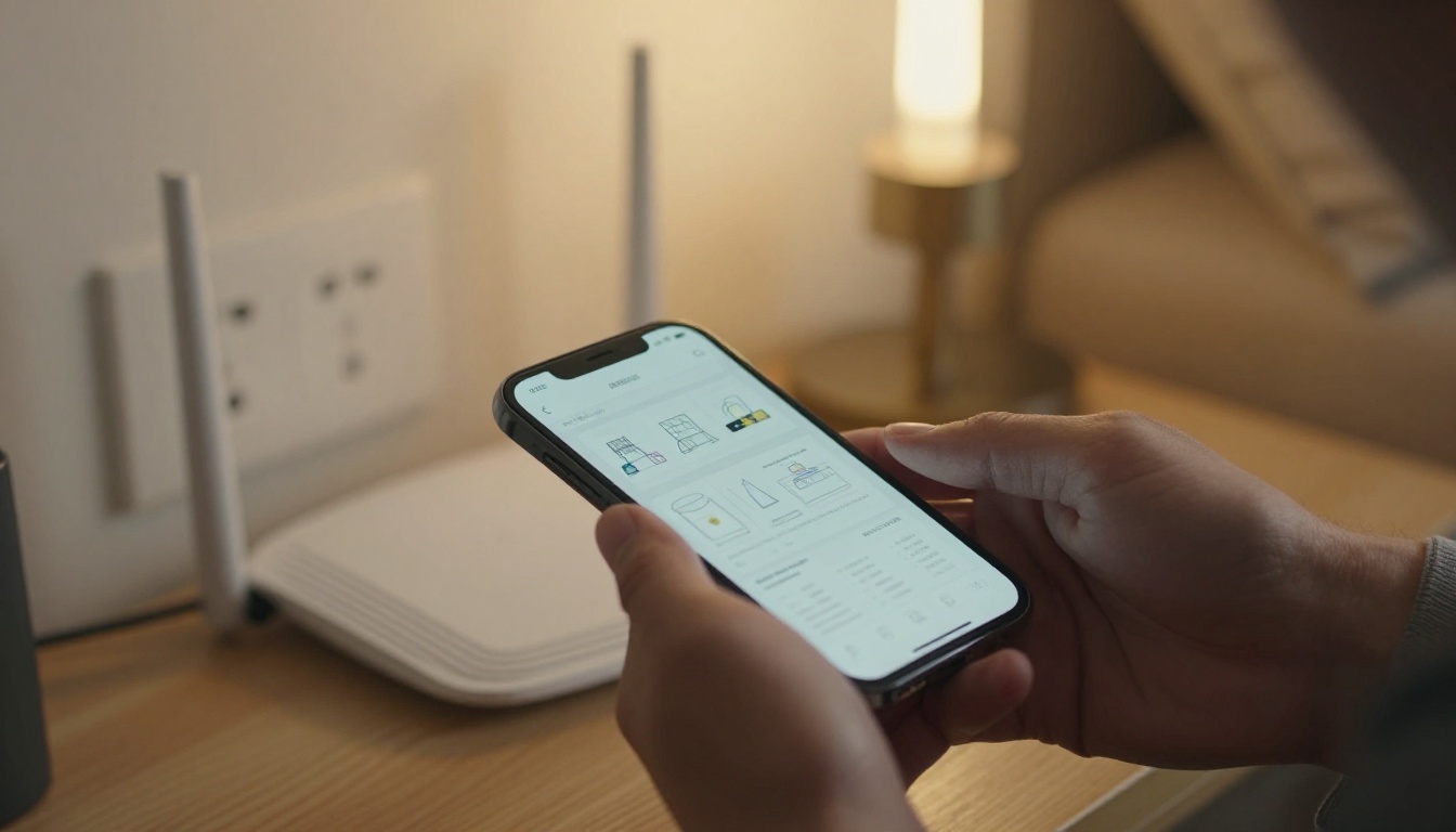A man connects a router while following a setup booklet on his phone A man connects a router while following a setup booklet on his phone