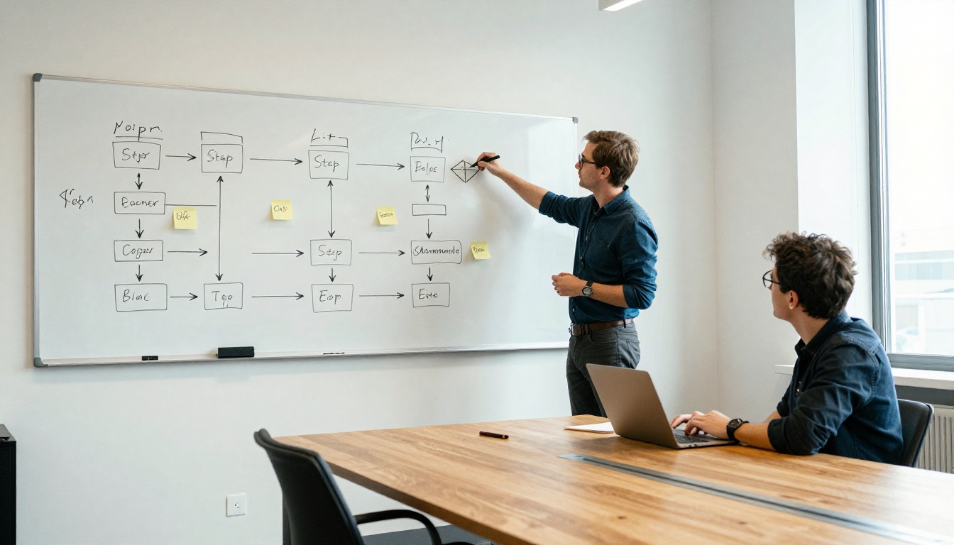 A technical writer plans a step by step sequence on a whiteboard with colleagues A technical writer plans a step by step sequence on a whiteboard with colleagues