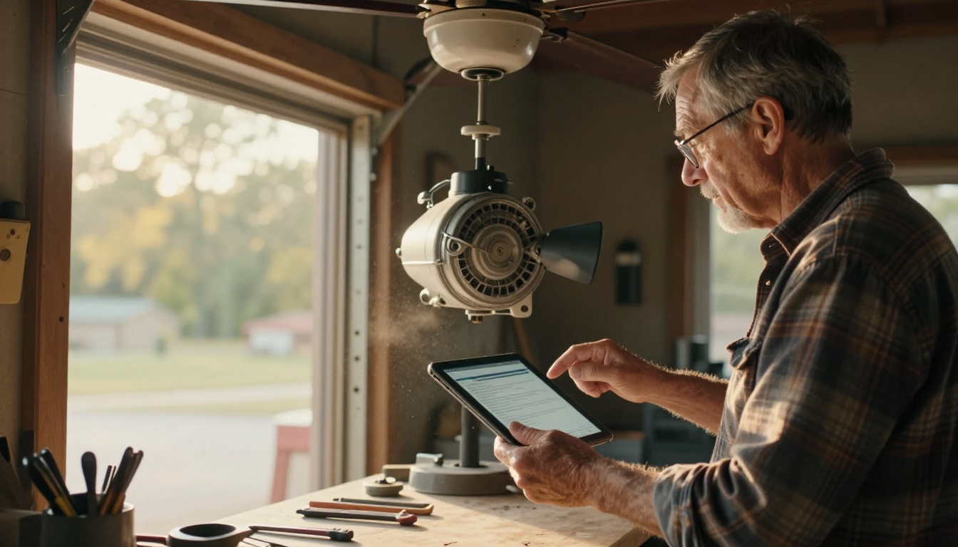 An older man installs a ceiling fan motor in a garage while following a tablet instruction page An older man installs a ceiling fan motor in a garage while following a tablet instruction page