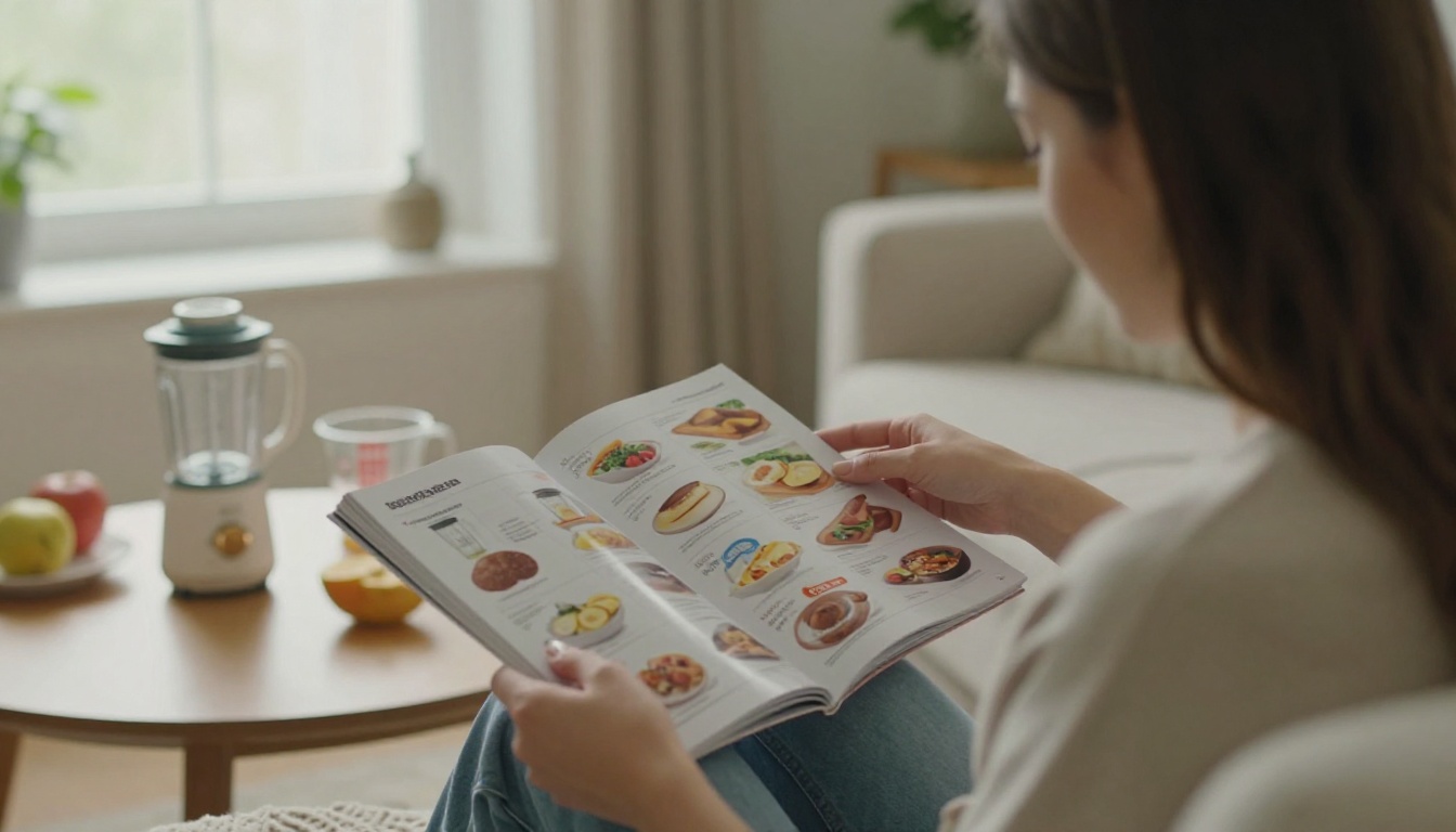 A woman reads an open glossy product booklet on a sofa next to a blender A woman reads an open glossy product booklet on a sofa next to a blender